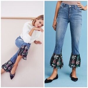 🎯HP Anthro Pilcro High rise Embroidered Tiered Lace hem Jeans size 30 NWT